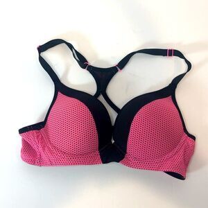 Hot pink netting and black padded bra with underwire, 34A
